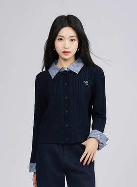 柒量一裁小个子深蓝色翻领毛织上衣气质女士上衣秋冬穿搭3377