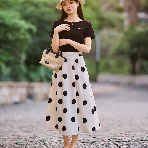 小个子波点A字中长款半身裙女