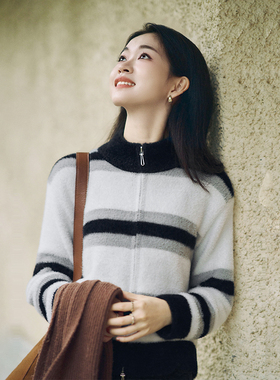 柒量一裁小个子灰色条纹毛针织外套短外套2025新款秋冬3699