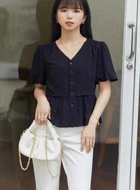 柒量一裁小个子夏款法式黑色V领微泡泡袖短袖收腰显瘦衬衫女0473