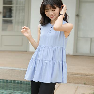 小个子浅蓝色夏季无袖显瘦衬衫