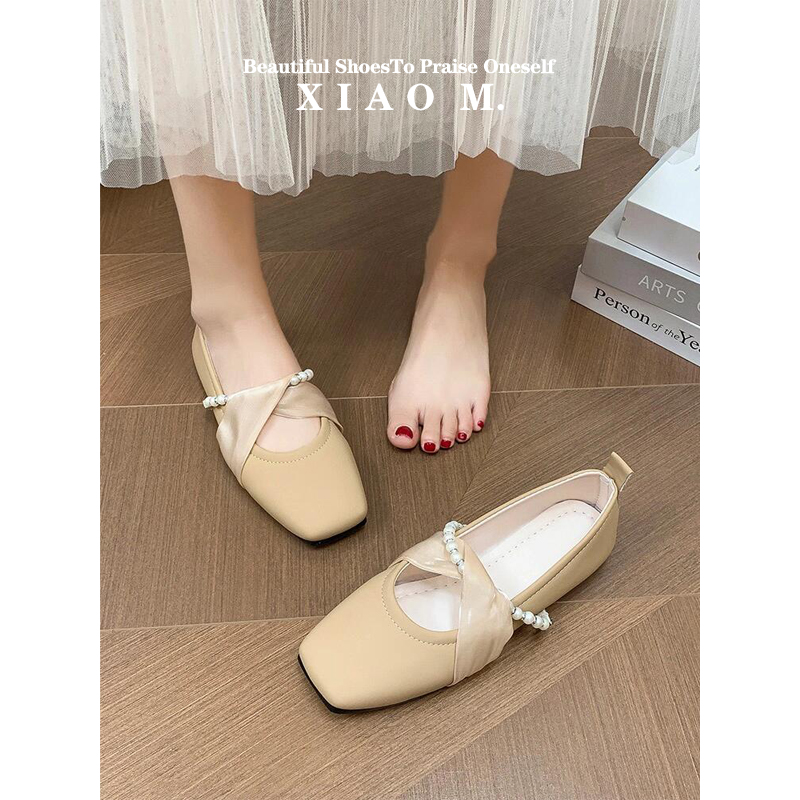 法式珍珠粗跟玛丽珍鞋方头软底晚晚温柔豆豆鞋白色平底妈妈鞋女