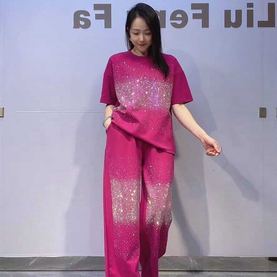 新品女装时尚重工烫钻两件套女夏季圆领套头短袖T恤直筒长裤 套装