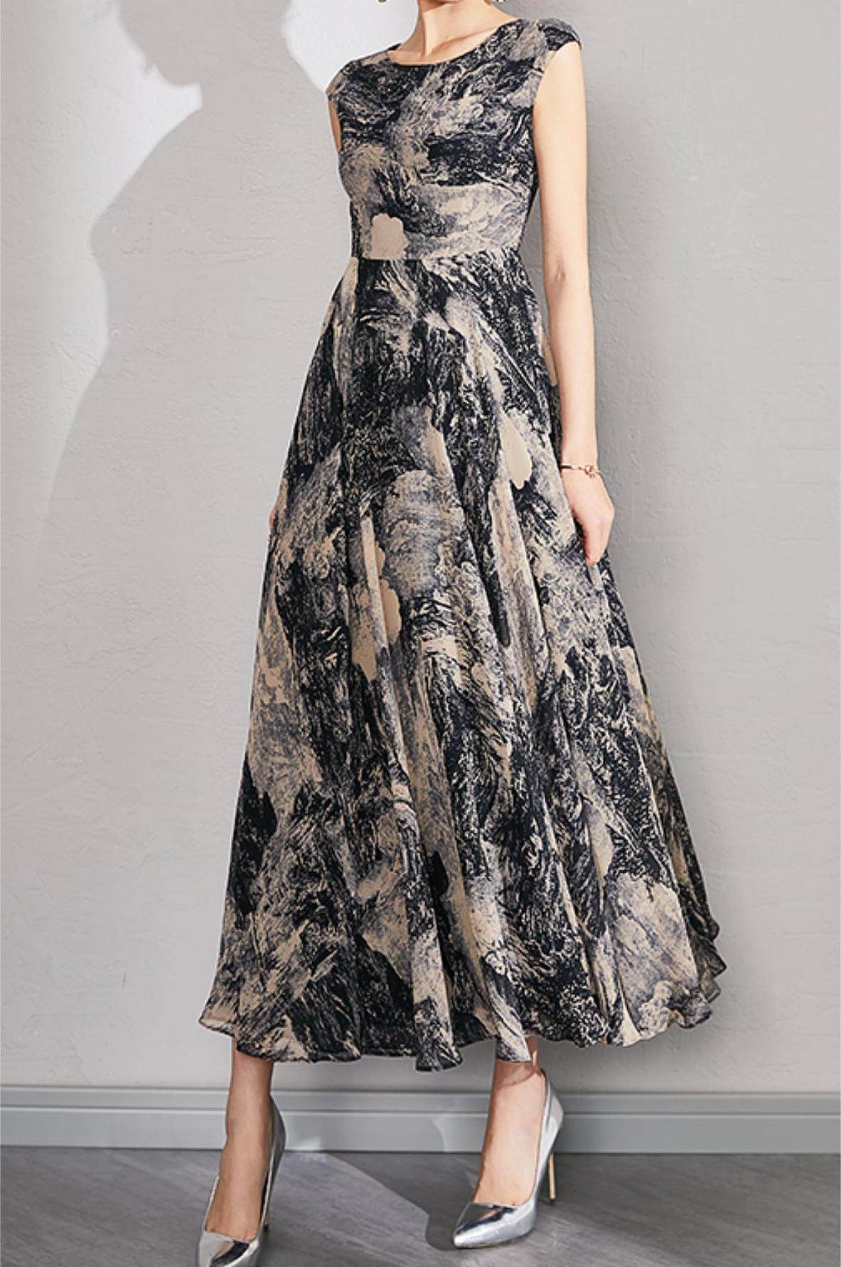 首尚格释2024夏季新款长款连衣裙复古油画雪纺收腰显瘦大摆长裙