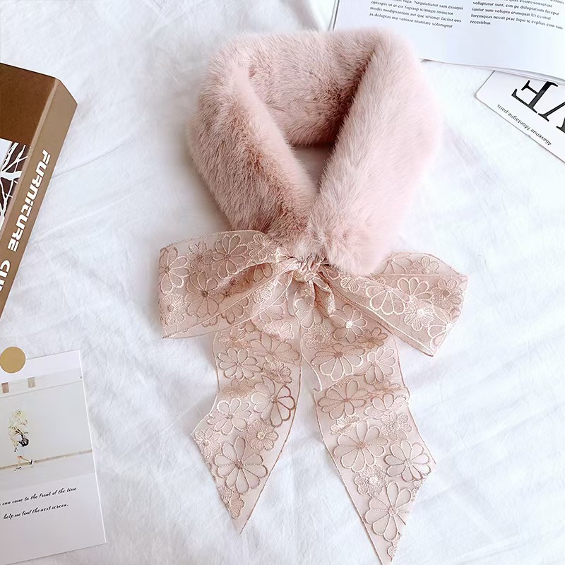 首尚格释2025秋冬新款时尚百搭仿兔毛毛领围巾加厚保暖蕾丝系带