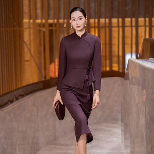 新款 裙女2025冬季 气质复古紫红色毛呢半身裙两件套 国风套装 新中式