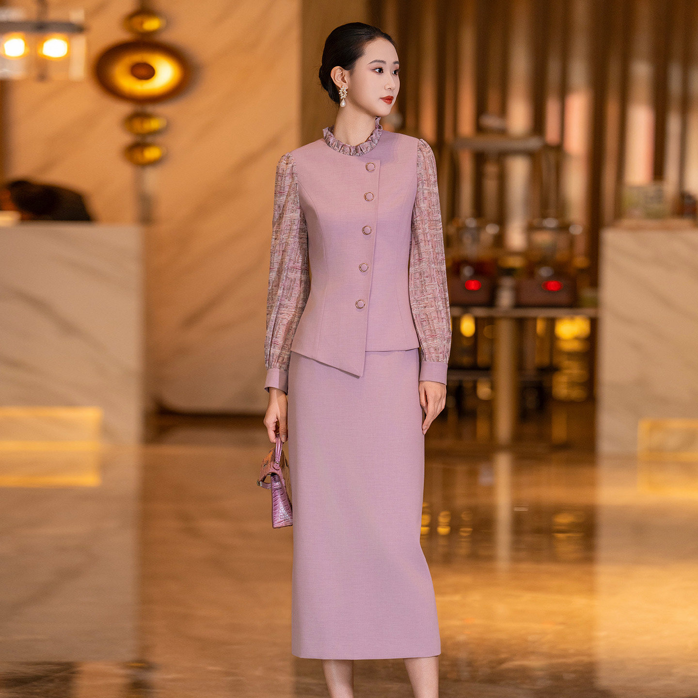 粉紫色毛呢套装女2026春新款女装气质减龄时尚拼接半身裙两件套裙