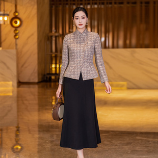 裙女2026春季 外套修身 新款 咖色立领西装 半身裙两件套 女装 毛呢套装