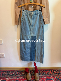 复古牛仔半身裙 做旧水洗毛边 无退换日单mystic 解构拼色