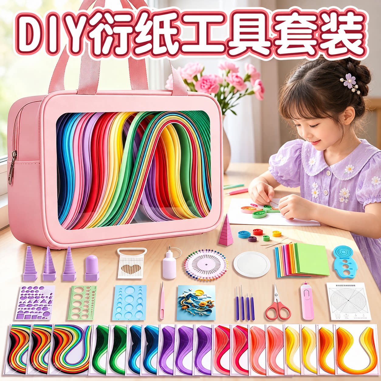 衍纸材料包套装小学生专用初学者彩色卡纸折纸线稿图纸胶水纸条卷纸器镊子衍纸梳创意幼儿园儿童手工diy工具