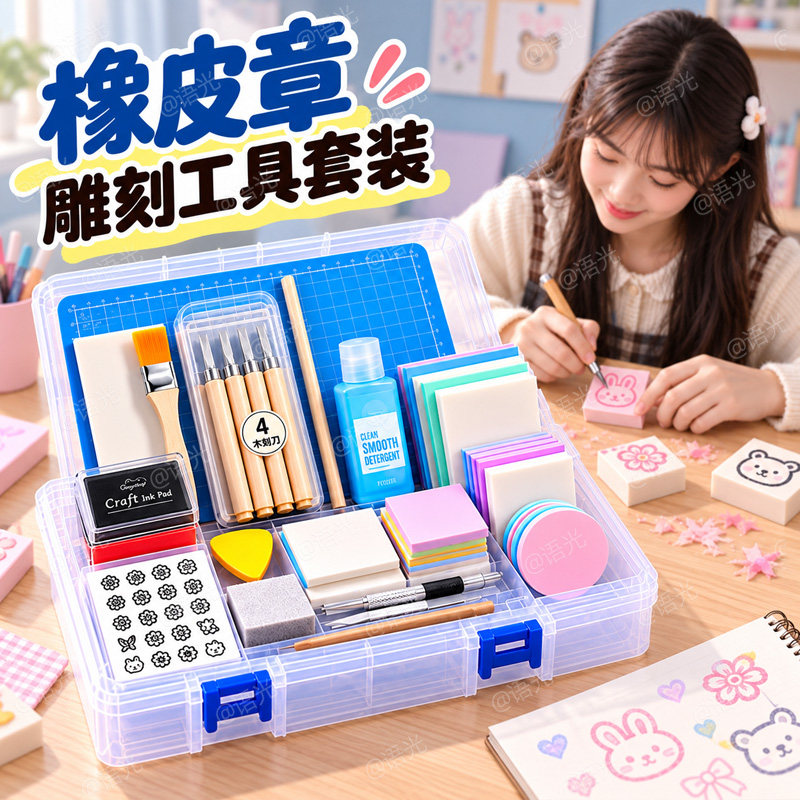 橡皮章雕刻套装初中小学生新手入门手工diy材料包雕刻刀橡皮砖印章泥转印水硫酸纸可揭可撕夹心美术版画篆刻
