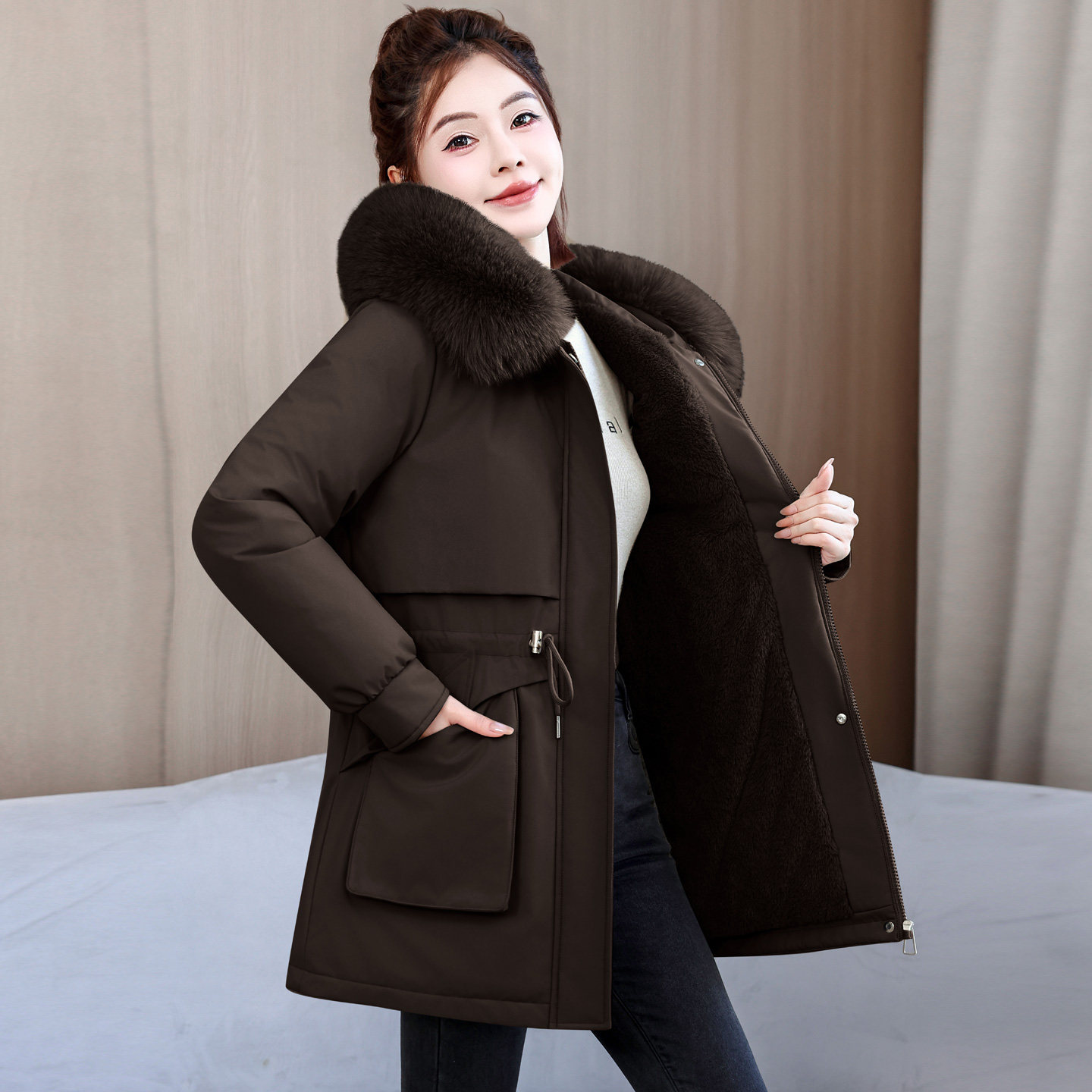 中长款连帽大毛领加绒显瘦棉服女