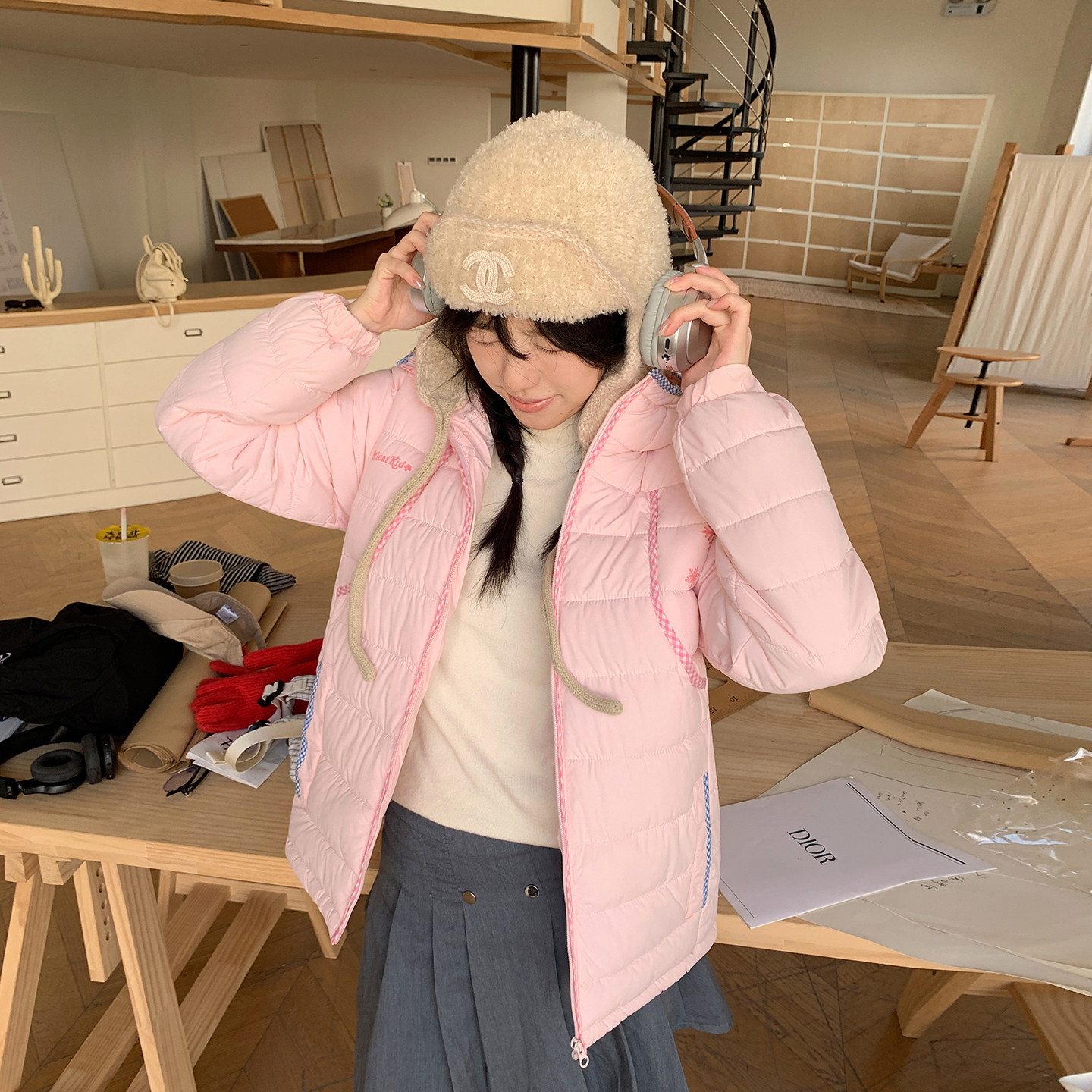韩系显瘦短款滚边格子棉服女