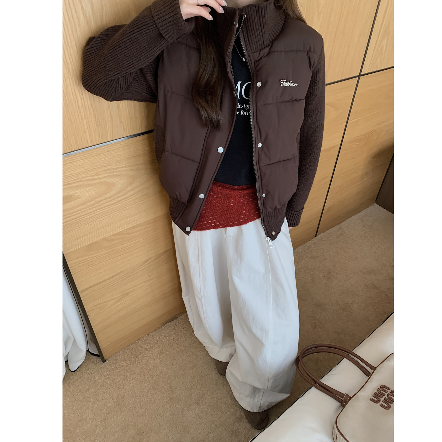 深棕短款H版显高假两件棉服女
