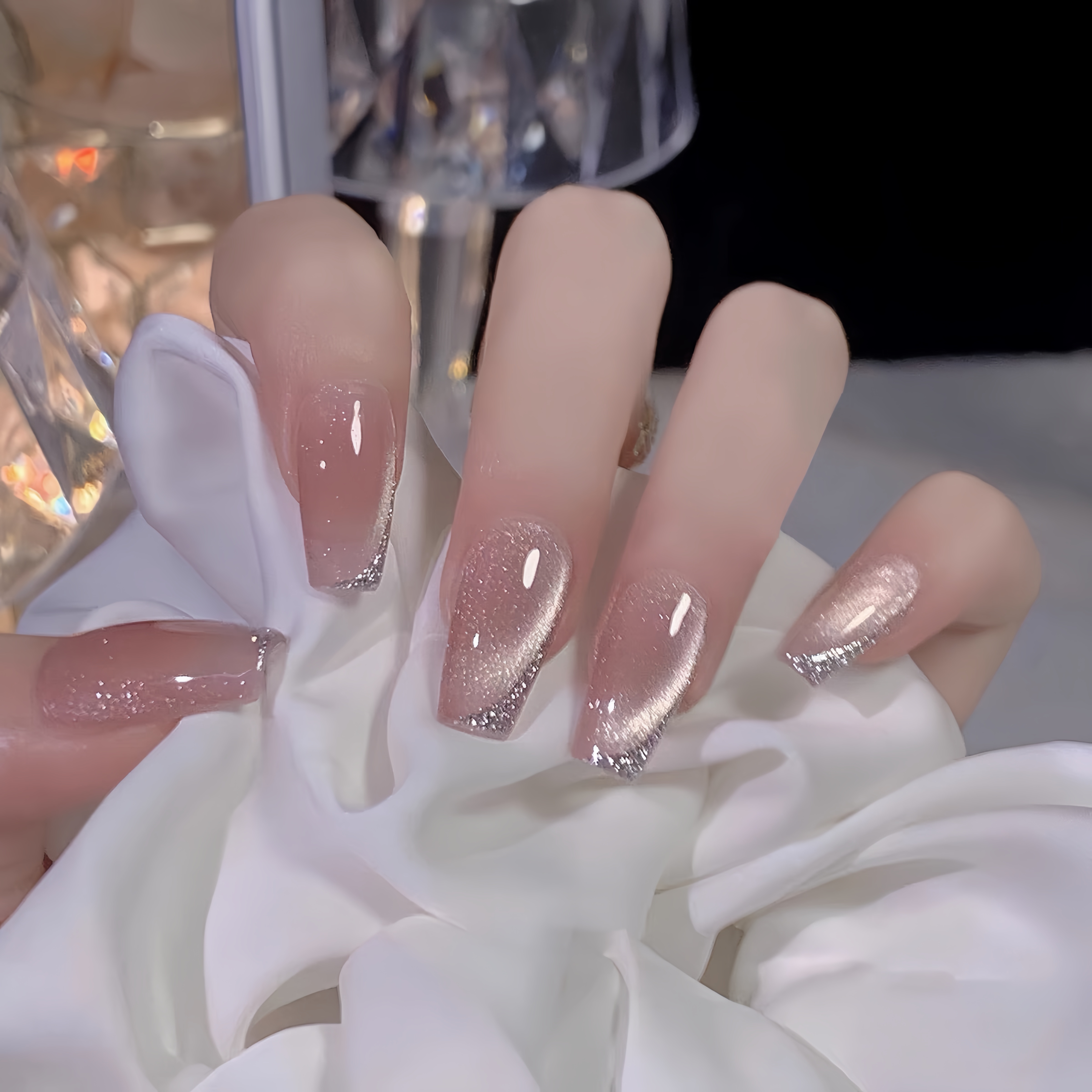 丝绸裸色晶石猫眼美甲穿戴甲可拆卸假指甲手工成品光疗甲片拍照贴