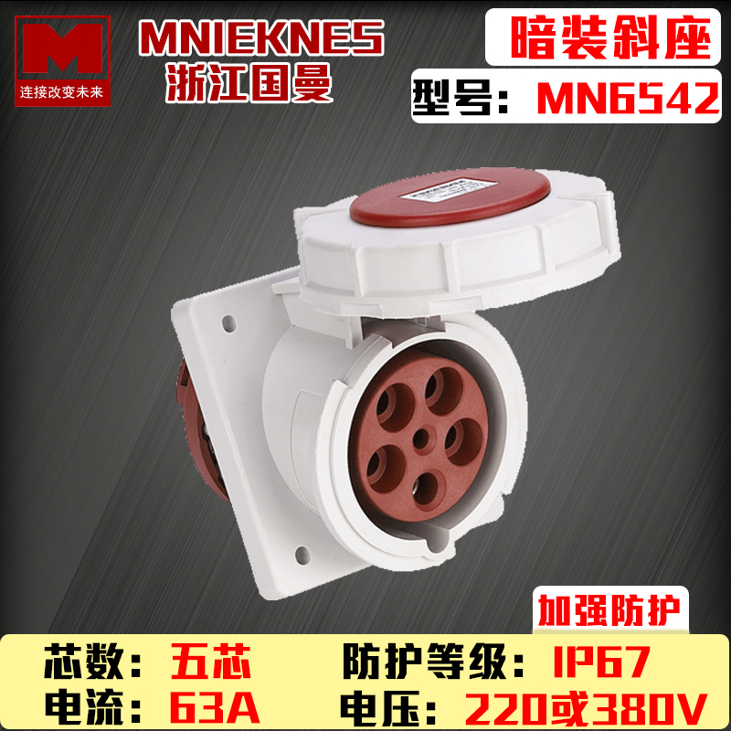 MN6542浙江国曼MNIEKNES380V五芯5P63A-6h工业3P+E+N暗装斜插座头