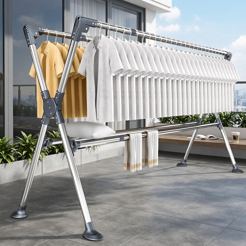 加厚加粗晾衣架折叠晾晒阳台家用落地不锈钢大衣架晒被子床单专用