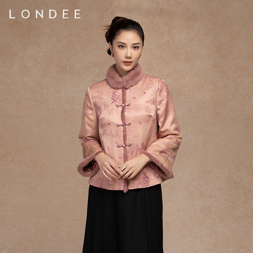 Londee/龙笛秋冬新中式真丝提花加厚棉衣毛领保暖外套上衣4T25171