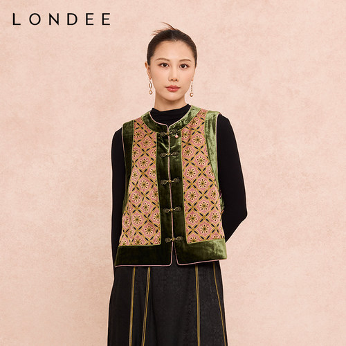 Londee/龙笛新中式国风盘扣圆领撞色拼接人丝提花马甲6S27199