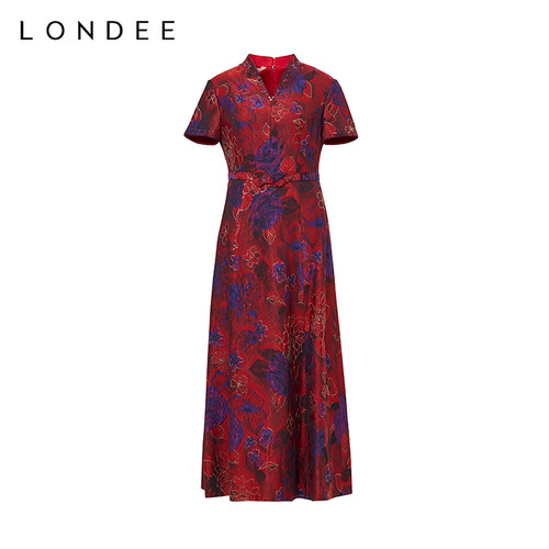 Londee/龙笛【孤品】新中式真丝印花连衣裙女V领收腰长裙2PW29CB