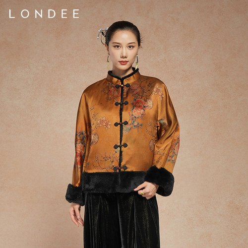 Londee/龙笛新中式复古金咖重工保暖外套高级气质加厚棉服5T25198
