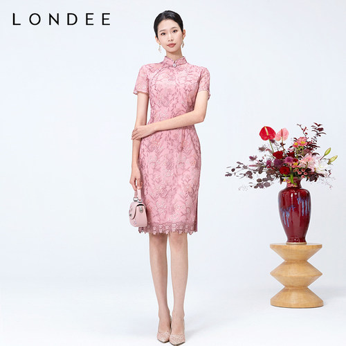 Londee/龙笛时尚洋气显年轻连衣裙高端重工蕾丝珠片旗袍女4S21173