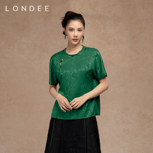 Londee/龙笛新中式气质绿色衬衣国风提花上衣显白宽松衬衫5S22251
