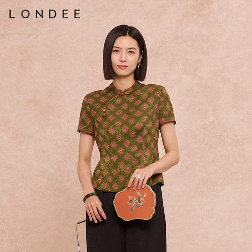 Londee/龙笛国风青绿色短袖外套新中式改良优雅显瘦上衣6S62291