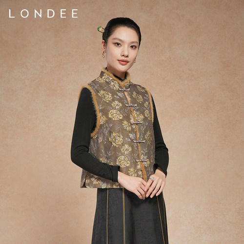 Londee/龙笛新中式复古毛边立领盘扣马甲秋冬显瘦坎肩马夹5T27171
