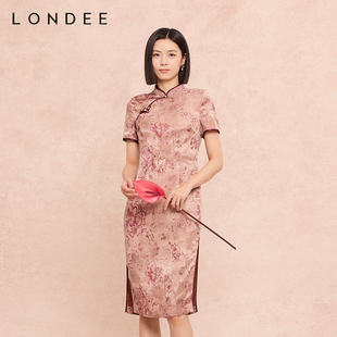 Londee/龙笛复古短袖旗袍中款立领盘扣花卉印花开叉连衣裙6S21173