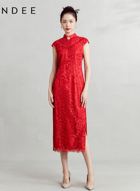 Londee/龙笛中国风红色连衣裙订婚礼服女新中式改良旗袍3T21285