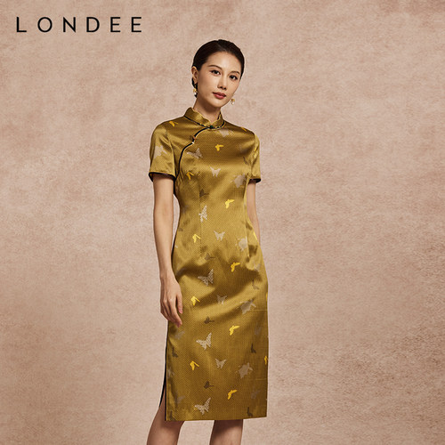 Londee/龙笛鎏金色新中式改良桑蚕丝连衣裙气质显瘦旗袍女6T21162