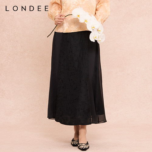 Londee/龙笛新中式黑色提花半身裙女优雅百搭裙子6S23166