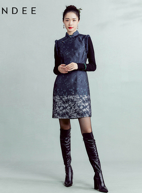 Londee/龙笛春夏蓝色花纹无袖旗袍连衣裙3T21399