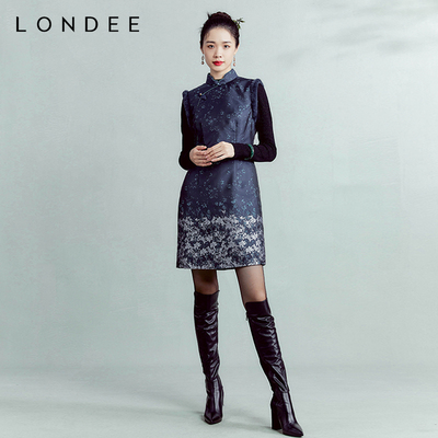 Londee/龙笛春夏蓝色花纹无袖旗袍连衣裙3T21399