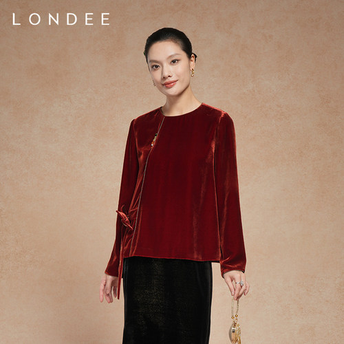 Londee/龙笛新中式丝绒长袖上衣女圆领开襟系带衬衫5T22288