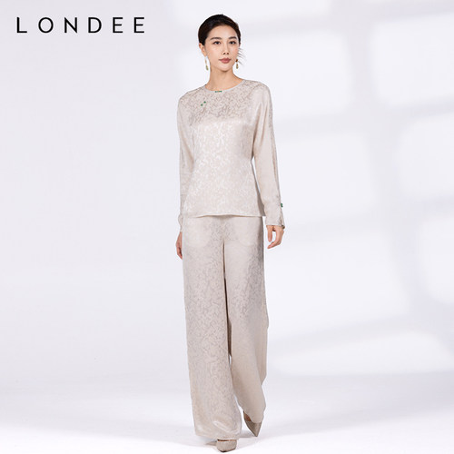 Londee/龙笛春夏高级感提花阔腿裤新中式花萝直筒长裤宽松4T24688
