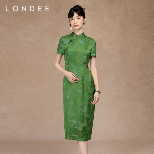 Londee/龙笛馥雅绿显瘦新中式提花改良旗袍气质连衣裙长裙5S21274