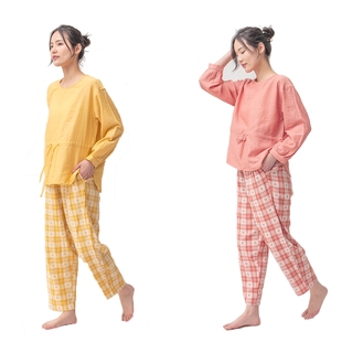 睡衣格子古典宫廷风 春夏甜美柔软薄款 女家居服双层纱长袖 长裤 女款