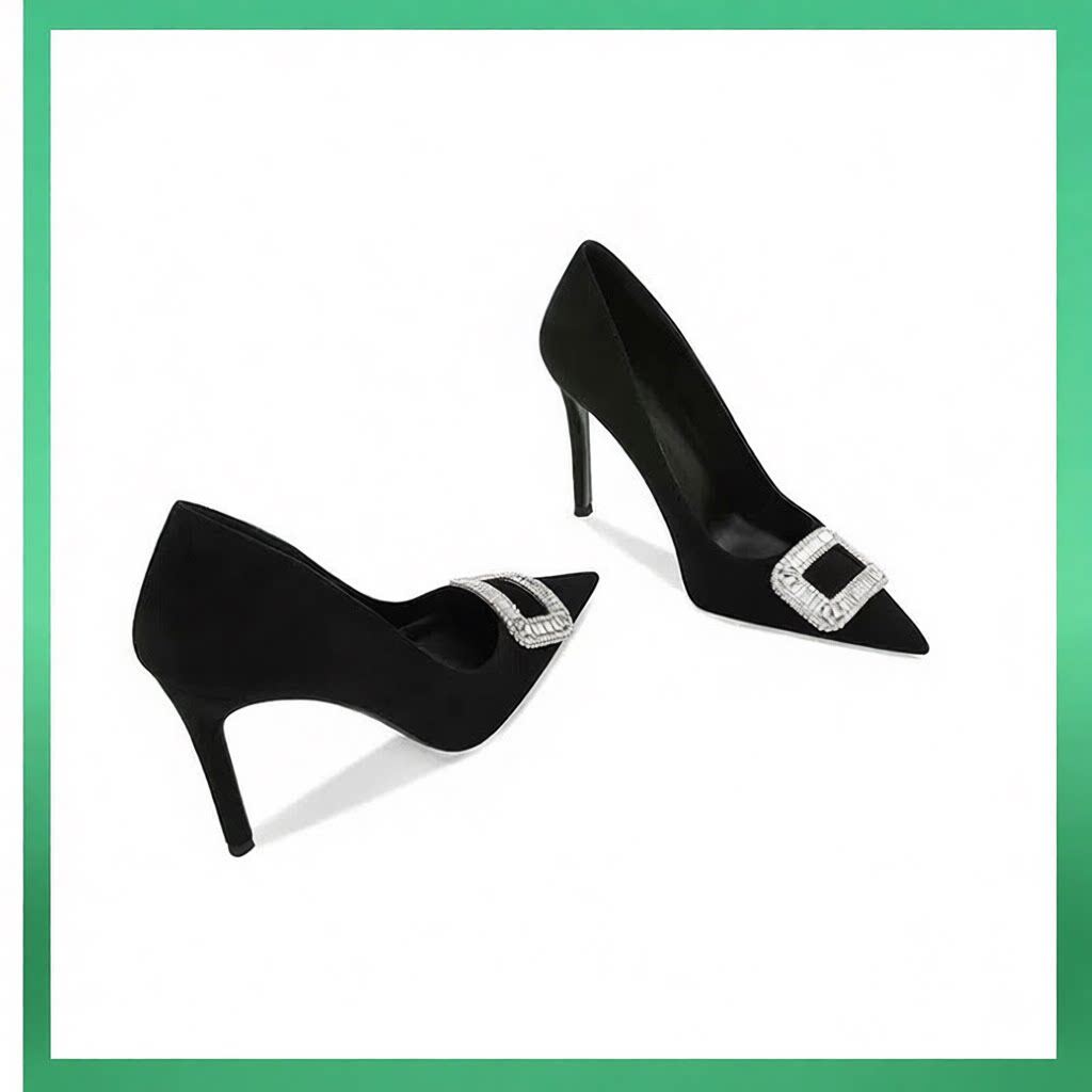 真皮羊皮名媛黑色高跟鞋法式水钻方扣职业尖头绒面细跟不累脚单鞋