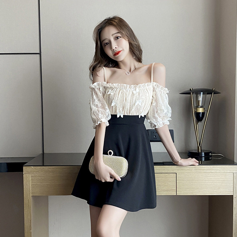 2025春季新款低胸性感一字领露肩吊带连衣裙减龄抹胸A摆收腰短裙