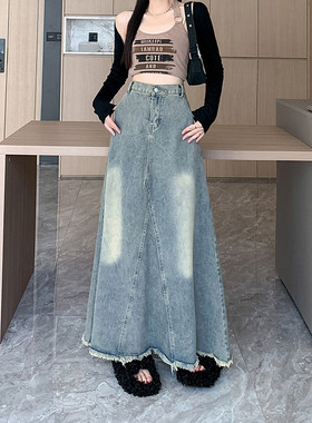 Q7N复古小众毛边牛仔裙半身裙女装秋季高腰显瘦A字裙长