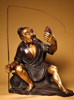 紫铜姜太公钓鱼工艺品姜太公姜子牙铜紫铜高浮雕錾刻鎏金渔翁