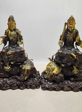 纯黄铜峨眉山普贤菩萨五台山文殊菩萨坐莲花佛像摆件兔龙蛇守护神