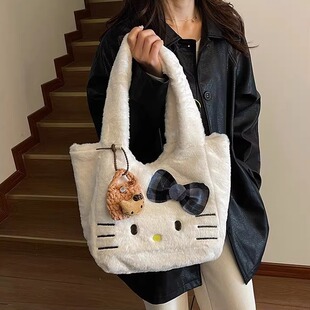 韩系慵懒风猫咪单肩包可爱毛绒包包2026新款ins大容量百搭托特包