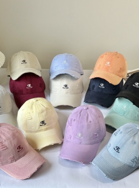 新款鸭舌帽男复古花体E字母帽檐破洞款one's way！刺绣棒球帽子女