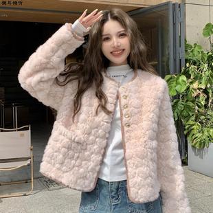 小香风皮毛一体羊羔毛绒短款外套女秋冬加绒加厚宽松保暖开衫上衣