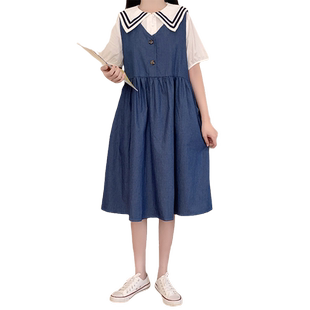 初中高中学生连衣裙女夏季海军风两件套裙子2025新款中长款牛仔裙