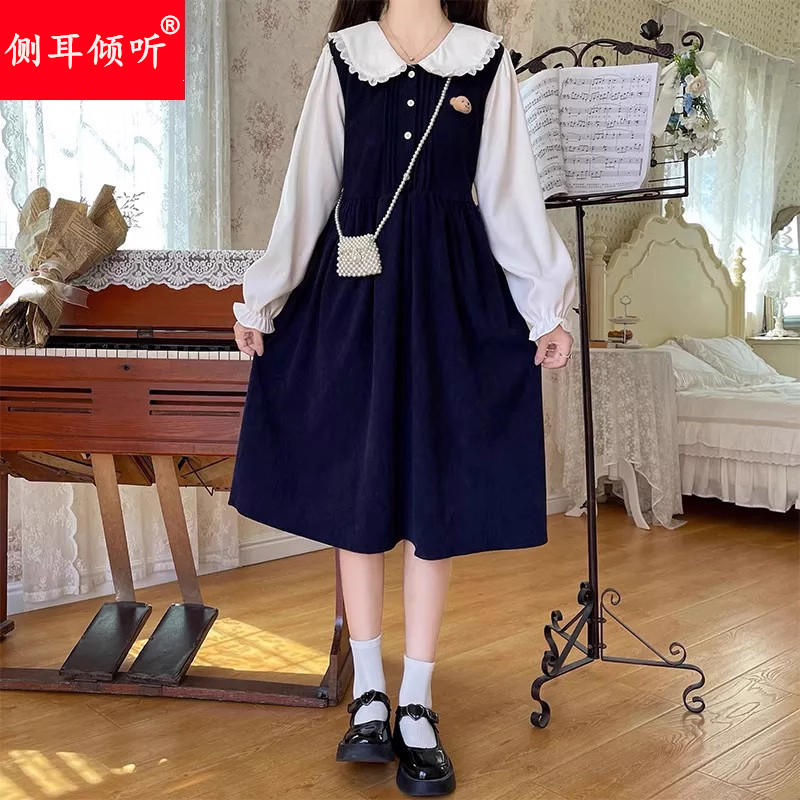 娃娃领长袖连衣裙少女春秋2025新款初中高中学生假两件甜美长裙子