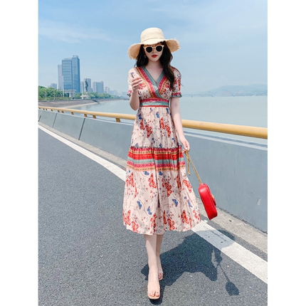 旅游拍照裙多巴胺连衣裙女夏高端三亚沙滩裙超仙绝美长裙海边度假